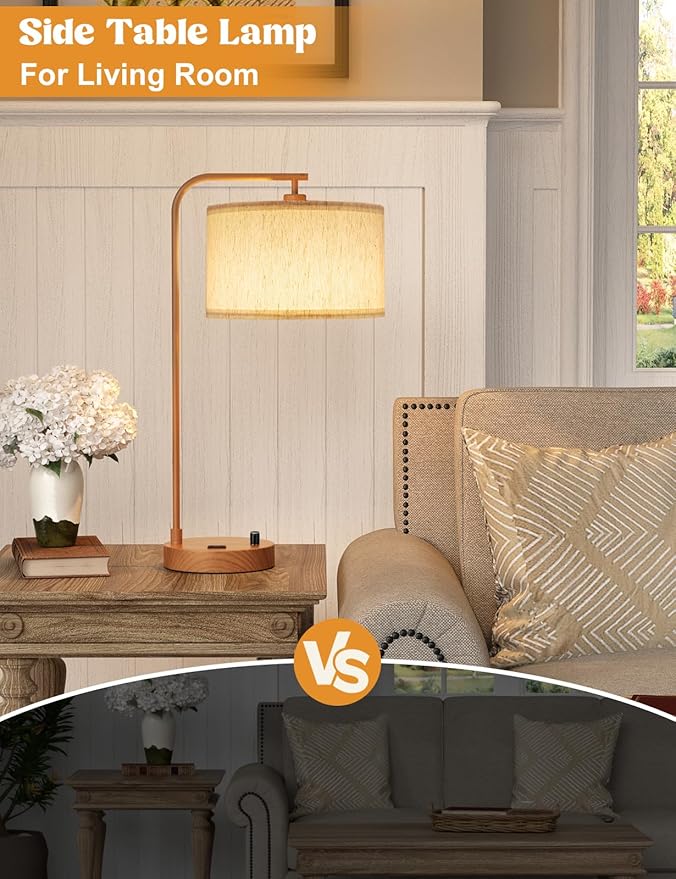 Innqoo Wood Tall Table Lamp with USB Port and Outlet, Dimmable Nightstand Bedside Lamps with Linen Lampshade, Desk Lamp for Bedroom, Living Room, Guest Room, Home Office, LED Bulb Included