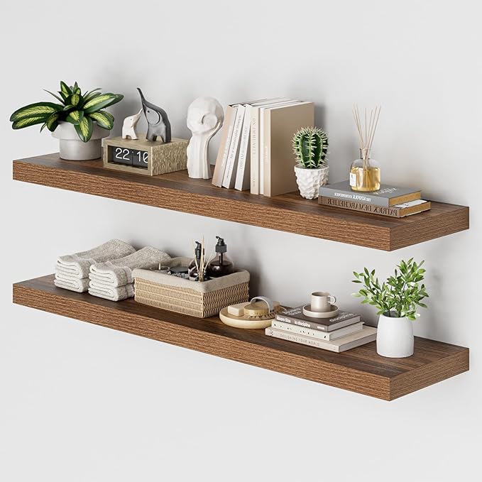Heimlove 48W x 12D Long Floating Shelf, 12 Inch Deep Floating Shelves for Wall Set of 2, Wood Shelves for Bedroom Living Room Bathroom Kitchen Home Office, Walnut