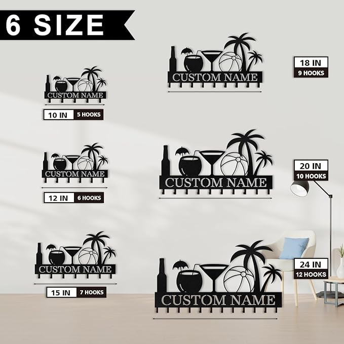 Personalized Key Holder for Wall, Beach Theme Key Holder Wall Mount with Hooks, Coconut Trees Key Hanger Wall Decor for Pool Bathroom Hallway Entryway Office, Customized Home Decor Gifts Color03