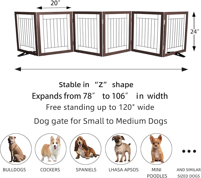 ZJSF Freestanding Dog Gate Indoor, Foldable Dog Fence for Doorways,Hallways or Stairs, Sturdy Wood Extra Wide Pet Gate with Support Feet,Brown,24 "Height-6 Panels