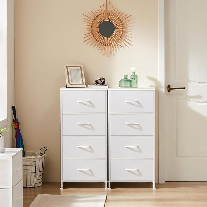 DUMOS Nightstand with 4 Drawers Bedside Table with Removable Fabric Bins Sturdy Steel Frame Wood Top Organizer Furniture for Bedroom Closet Living Room