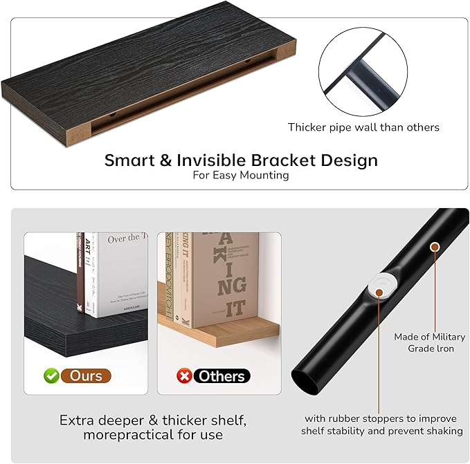 Fun Memories Floating Shelves - 2 Pack 9 Inch Rustic Wooden Wall Shelves - Extra Deeper & Thicker Wall Mounted Storage Shelf for Living Room, Kitchen, Farmhouse - 24" W x 9" D x 1.6" H - Rustic Black