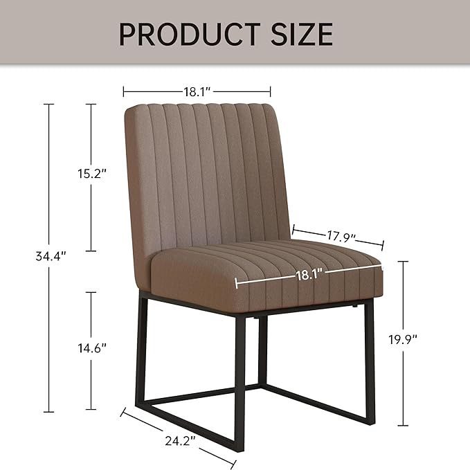 VKNOW Upholstered Dining Chairs Set of 4, Modern Dining Room Chairs with Stripe, Linen Kitchen Chair Dinner Chair with Black Metal Base for Kitchen Office, Brown