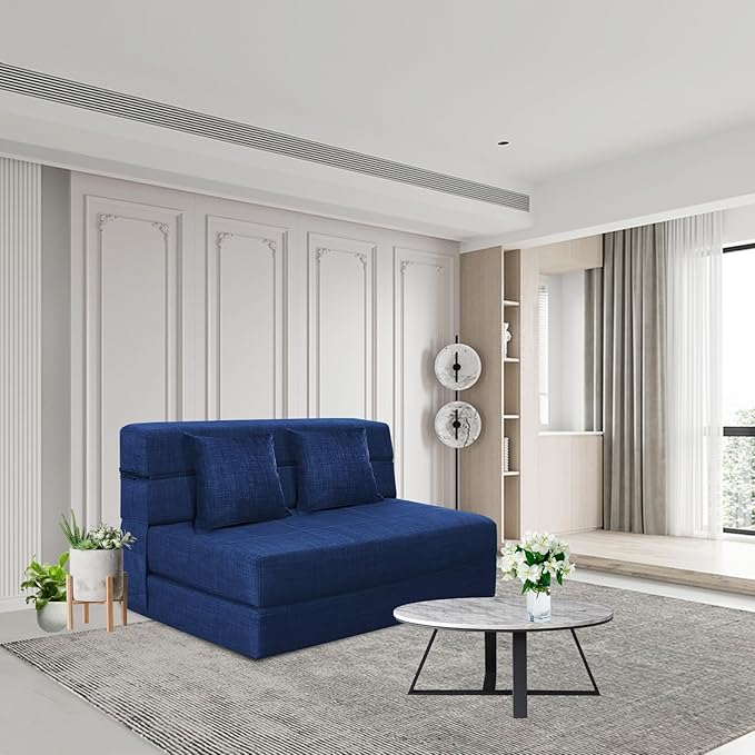 60 Inch Folding Sofa Couch Memory Foam with Pillow Convertible Sleeper Mattress Futon Lazy for Living Room，Washable Cover，Queen Size，Dark Blue