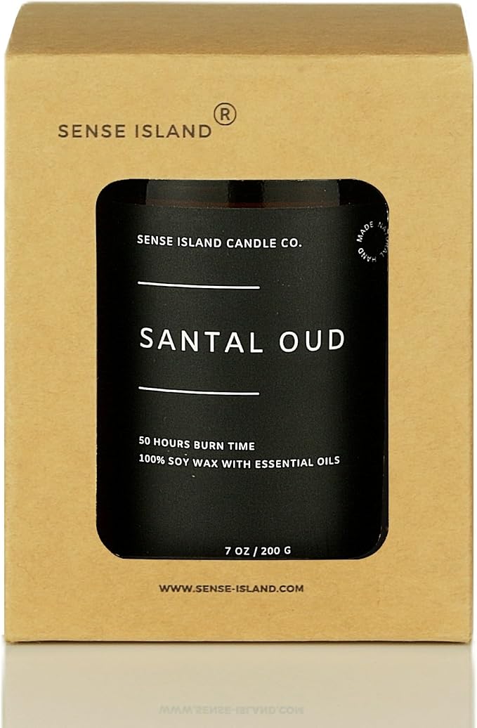 SENSE ISLAND Santal Oud Scented Candles for Men&Women | 100% Natural Soy Candle 7oz, up to 50 Hrs Burn Time Highly Scented Premium Woody Scented Candle
