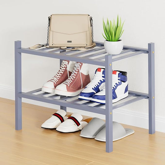 Smiry Shoe Rack, 2 Tier Small Bamboo Shoe Organizer, Stackable Free Standing Wooden Shoe Storage Shelf for Closet, Entryway, Front Door Entrance, Grey