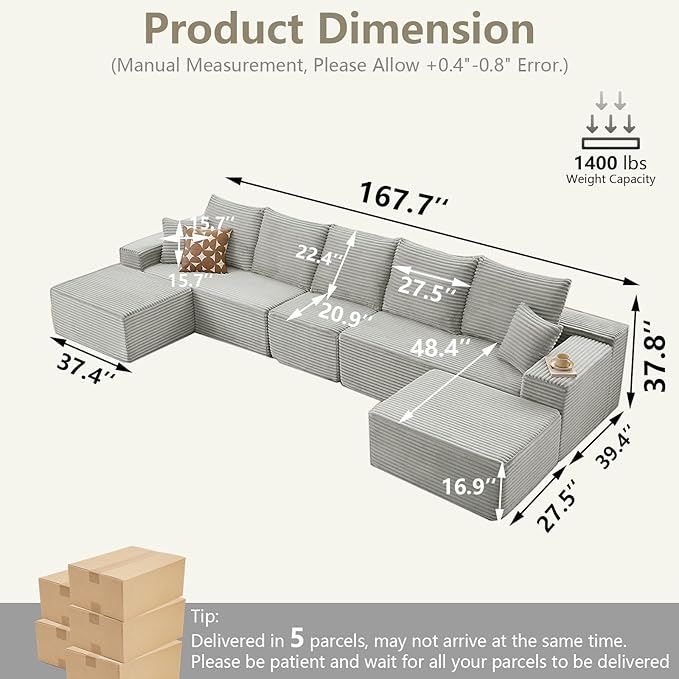 167.7" Sectional Cloud Couch for Living Room, Stupendous U Shaped Sofas, Modular Floor Deep-Seat Sofa, Big Comfy Corduroy Couches Set with Fluffy Memory Foam, No Assembly Required, Grey