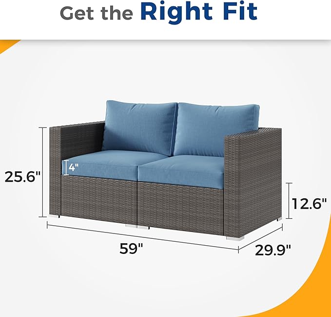 Wisteria Lane Patio Furniture Set, 2 Pieces Wicker Outdoor Furniture Patio Couch with Washable Cushions, Oversized Outdoor Sectional for Garden, Poolside, Backyard, Blue
