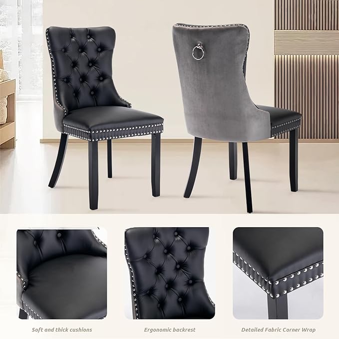 SoarFlash Kitchen Table and Chairs for 2, 31.5" Dining Table Set for 2 with Leather Upholstered Chairs, 3 Piece Round Kitchen Table Set, Dining Room Table Set for Small Space, Apartment, Black/Grey