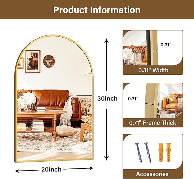 20"x30" Gold Arched Bathroom Mirror - Wall Mirror for Bathroom, Metal Frame Vanity Mirror, Dresser Mirror, Arch Decorative Mirrors for Living Room, Bedroom, Entryway, Mantle