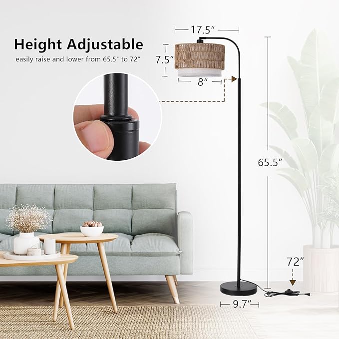 Arc Floor Lamp for Living Room，Boho Standing Lamp with Rattan & Fabric Shades,Farmhouse Floor Lamps with Foot Switch，Adjustable Tall Lamp for Bedroom, Office,LED Bulb Included