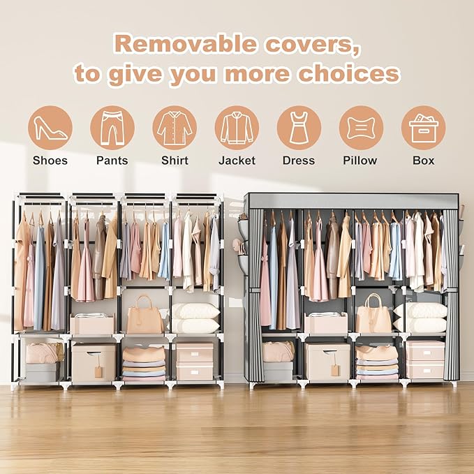 VTRIN Portable Closet for Hanging Clothes 67 Inch Wide Large Capacity Portable Wardrobe Closet with Cover, 4 Storage Shelves and 4 Hanging Rod Sturdy Free Standing Closet for Bedroom, Grey