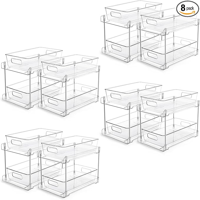 Vtopmart 8 Pack Bathroom Organizer, 2 Tier Clear Under Sink Organizers Vanity Countertop Storage Container,Cabinet Drawers Bins, Pull-Out Organization with Track for Pantry, Kitchen