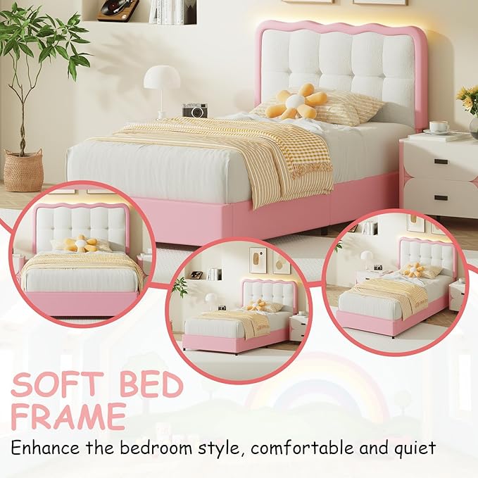 BarnFurin Twin Bed Frame with LED Lights, Twin Size Bed Frame with Cloud Headboard LED Lights, Cloud Bed with Headboard for Kids, No Box Spring Required, Easy Assembly, Pink