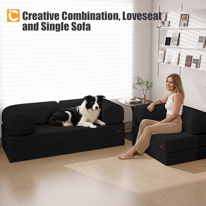 COMAX Folding Sofa Bed, Fold Out Chair Bed, Foldable Sofa, Convertible Sleeper for Adults, Futon Chair Single Small Floor Couch for Spaces, Bedroom Living Room Guest Room, Black