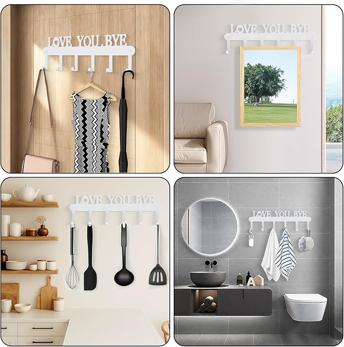 Key Holder for Wall - 'Love You Bye' Key Hooks,Key Holder Wall Mount Self Adhesive, Key Rack Wall Mount for Wall No Drill for Living Room, Kitchen, Bathroom, Garage (White, 6 Hooks)