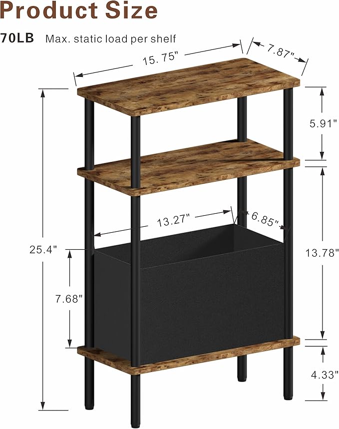 Narrow Side Table with Fabric Basket, End Table for Small Spaces, Slim Nightstand with 3-Tier Storage Shelf, Sofa Beside Table, for Living Room, Bed Room, Rustic Brown