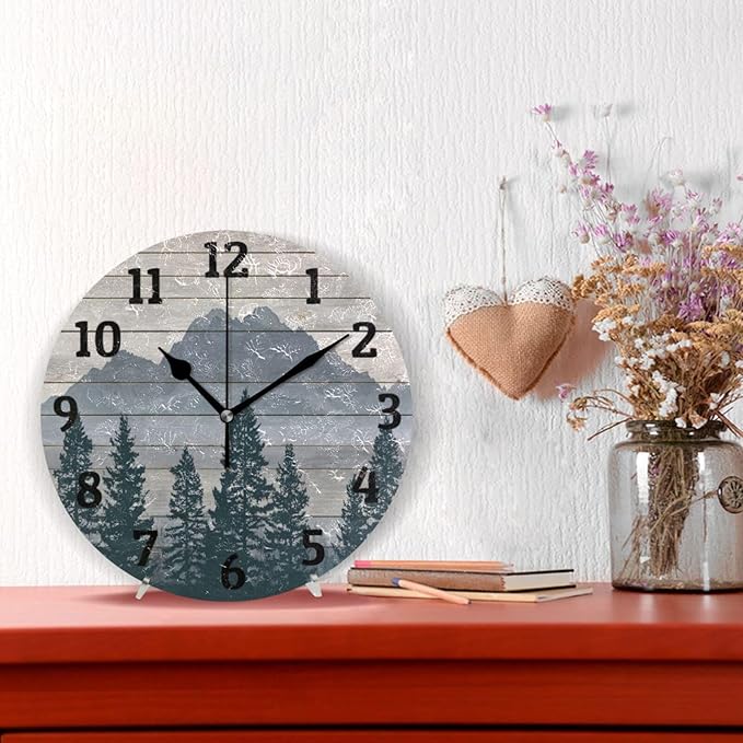 Vintage Trees Mountain Wall Clock Silent Non Ticking Wall Clock Decorative Battery Operated Wall Clocks 10 Inch for Home Kitchen Bedroom Living Room Office