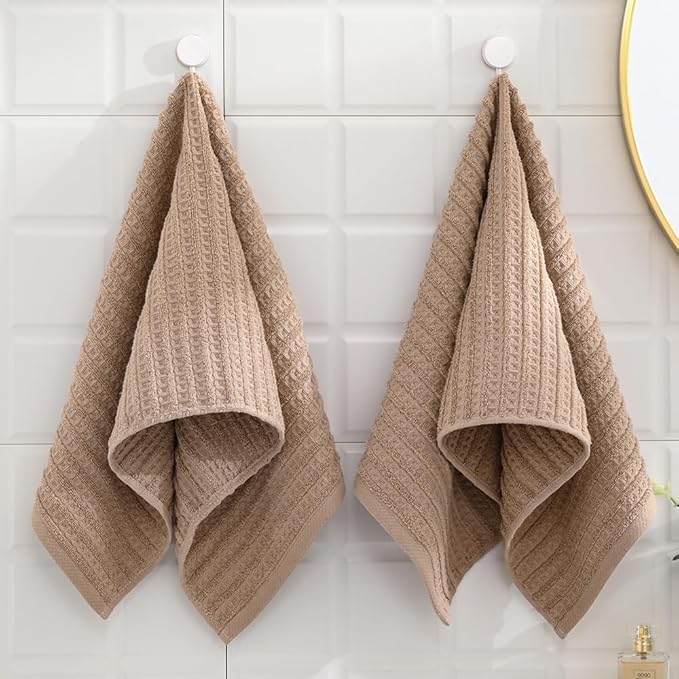 sense gnosis Brown Hand Towel Set of 2 Waffle with Terry Striped Pattern 100% Cotton Ultra Soft Absorbent Towels for Bathroom Kitchen Home 13 x 29 Inch