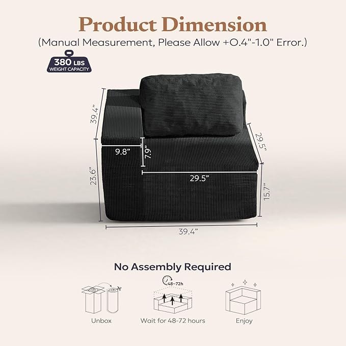 40" Modular Upholstered Foam Couch, Upholstered Floor Sofa Couch with Pillow, Single Sofa for Bedroom Living Room, No Assembly Required (Corduroy Fabric, Black)