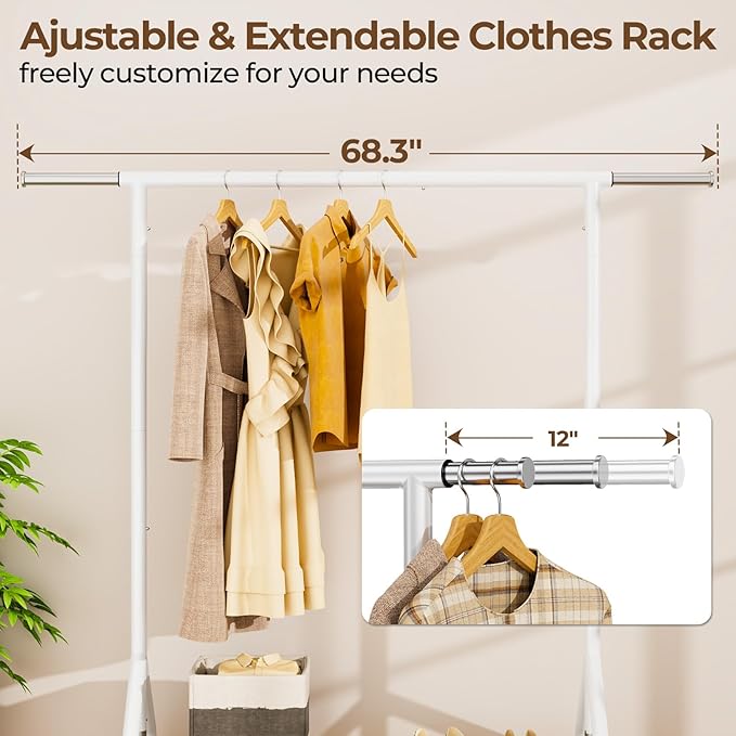 Heavy Duty Clothes Rack Load 450 LBS, Metal Garment Rack, Standing Rolling Clothing Rack for Hanging Clothes with Sturdy Wheels & Shelves, Portable Closet Wardrobe Rack,White