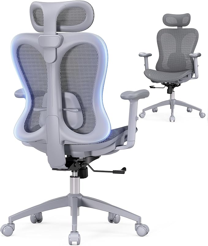 Ergonomic Office Desk Chair, Comfortable Computer Gaming Chair, Breathable Mesh Back & Seat, Adjustable Armrest & Headrest, Lumbar Support, Butterfly Design for Home Office (Gray)
