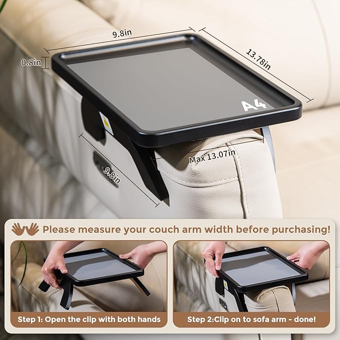 Couch Armrest Table, Foldable Bamboo Sofa Arm Tray for Couch with a Non-Slip Pad, Clip On Couch Arm Table for Remotes/Eatting/Drinks, Fits Sofa Armrest 3.5"-13.5" Black
