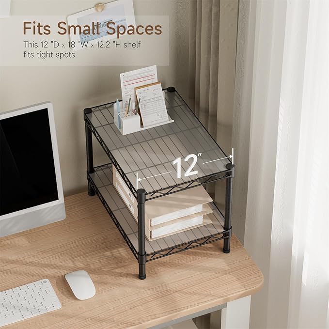 Small 2 Tier Shelves Storage Wire Shelving Unit Metal Shelf Adjustable Organizers Storage Shelving with Wheels for Bathroom Laundry Room Kitchen Pantry12”D x 18”W x 12.2”H Black