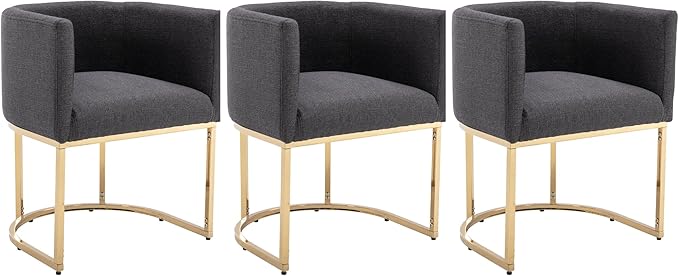Linen Fabric Dining Chairs Set of 3 Modern Barrel Arm Chairs with Black Frame, Upholstered Kitchen Chairs 18.5" Wide Accent Chairs for Living Room Dining Room Restaurant, Charcoal