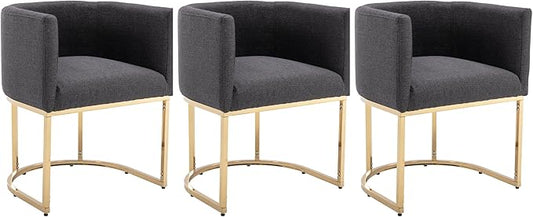 Linen Fabric Dining Chairs Set of 3 Modern Barrel Arm Chairs with Black Frame, Upholstered Kitchen Chairs 18.5" Wide Accent Chairs for Living Room Dining Room Restaurant, Charcoal