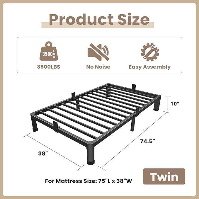 ROIL 10 Inch Twin Bed Frame with Rounded Corner Low Profile Metal Platform 3500LBS Heavy Duty Steel Slats No Box Spring Needed Noise-Free Easy Assembly