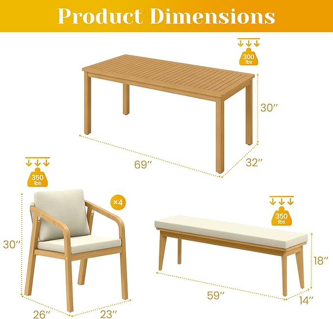 6-Piece Outdoor Dining Set for 4 with 23" Extra Wide Chair and Cushion，Patio Table and Chairs Set with All Acacia Wood Frame, All-Weather Outdoor Patio Furniture Set for Garden Lawn, Beige