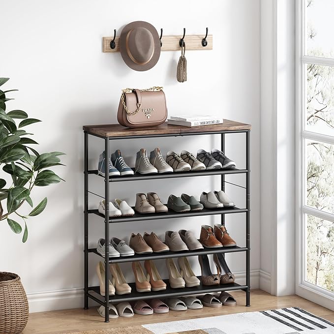 Shoe Rack Organizer 5 Tier Metal Organizer Shelf with Industrial MDF Board and Layer Fabric for Entryway Closet Bedroom Living Room Garage,Black & Rustic Brown (Black+Rustic Brown, 5 Tier)