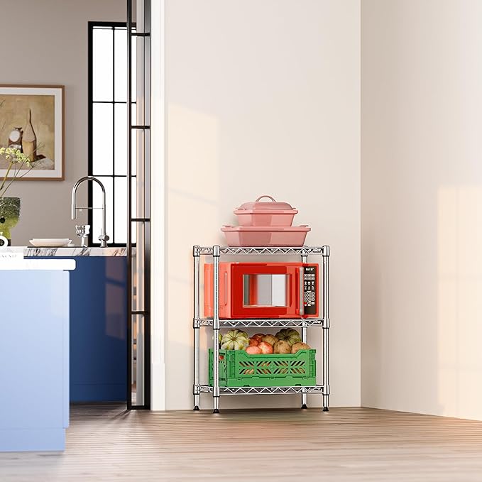 IZEUK 3-Tier Steel Storage Shelves, Heavy Duty Metal Shelf Wire Shelving Rack for Pantry, Kitchen, Living Room, or Office Organization (21.7" W x 11.8" D x 28.6" H, 750LBS, Chrome)