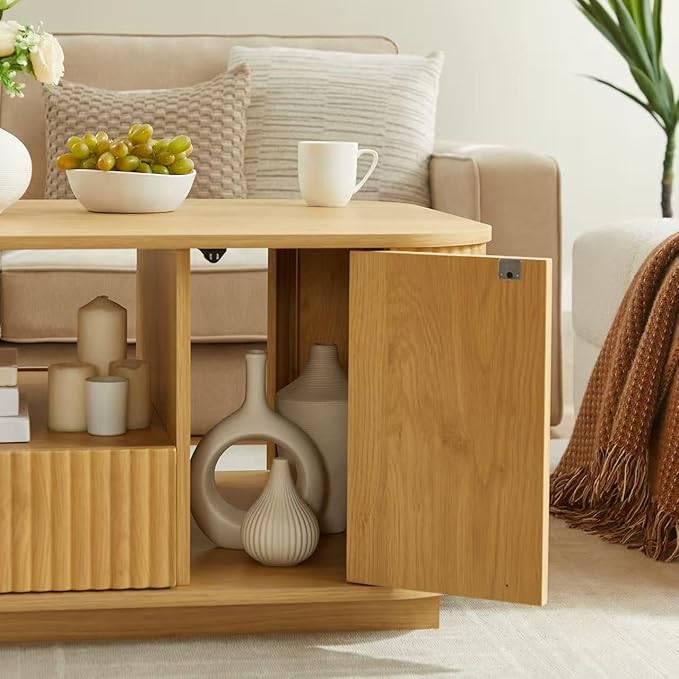 Coffee Table for Living Room, 46.5 Inch Modern Oval Coffee Table with Storage & 2 Drawers, Mid-Century Minimalist Wood Center Table with Hidden Compartments, Adjustable Feet (Black)