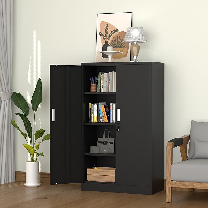Metal Storage Cabinet with Locking Doors and Adjustable Shelves, 53.5-Inch Tall Lockable Storage Cabinets for Home Office Garage Kitchen Pantry (Black)