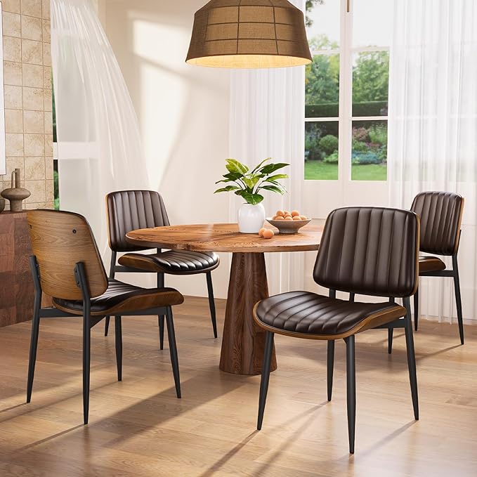 Dining Chairs Set of 4, Mid Century Modern Dining Room Kitchen Chairs, Upholstered PU Leather Vertical Stripe Chairs for Vanity with Walnut Bentwood and Metal Legs, Brown