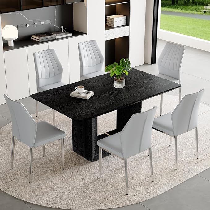 63" Modern Black Dining Table Set for 6 with Chairs, 7 Piece Rectangular Dining Room Table and 6 PU Leather Chairs, Kitchen Dining Set with Matte Wood Finish, Geometric Base, Easy Assembly