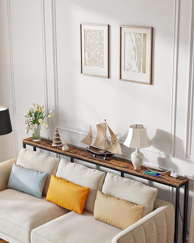 78.7" Console Table with Charging Station, Narrow Long Behind Couch Table, with 2 AC Outlets, 1 USB-A Port and 1 Type-C Port Rustic Brown and Black TXG30UBF