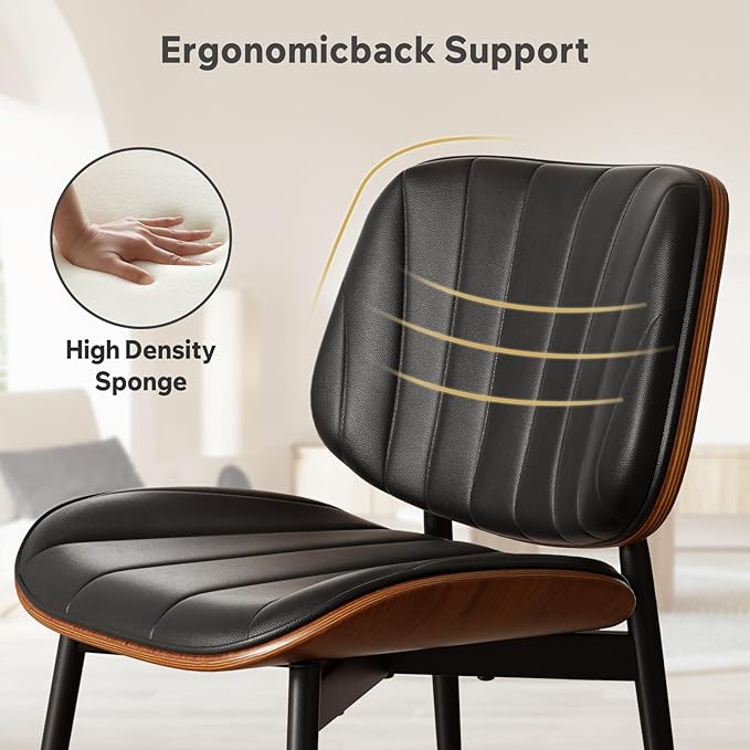 Dining Chairs Set of 2, Mid Century Modern Dining Room Chair, Upholstered Faux Leather Kitchen Chairs with Walnut Bentwood Back and Metal Legs for Kitchen Dining Room Living Room, Black