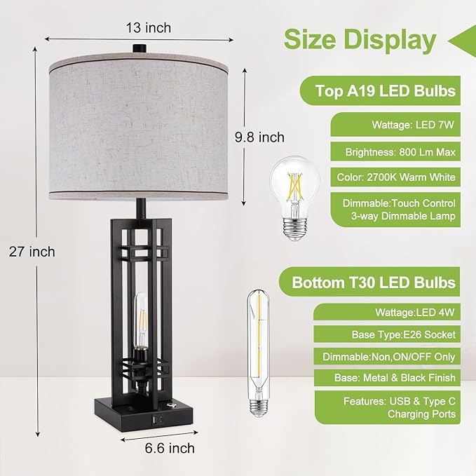 27" Touch Control Farmhouse Table Lamps, Set of 2 Tall Rustic Table Lamps 2-Light Design with USB A+C Ports, Bedside Lamps with Cream Shade for Living Room Home Office, 4 LED Bulbs Included