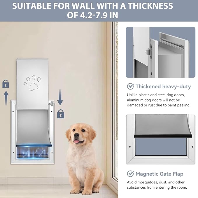 [Petoasis] Heavy Duty Aluminum Dog Door with Lock,3 Flap Insulated Doggie Doors with Installation Manual,Durable and Rust Resistant, Patent: USD1057087S, (Silvery White, XLarge for Wall)