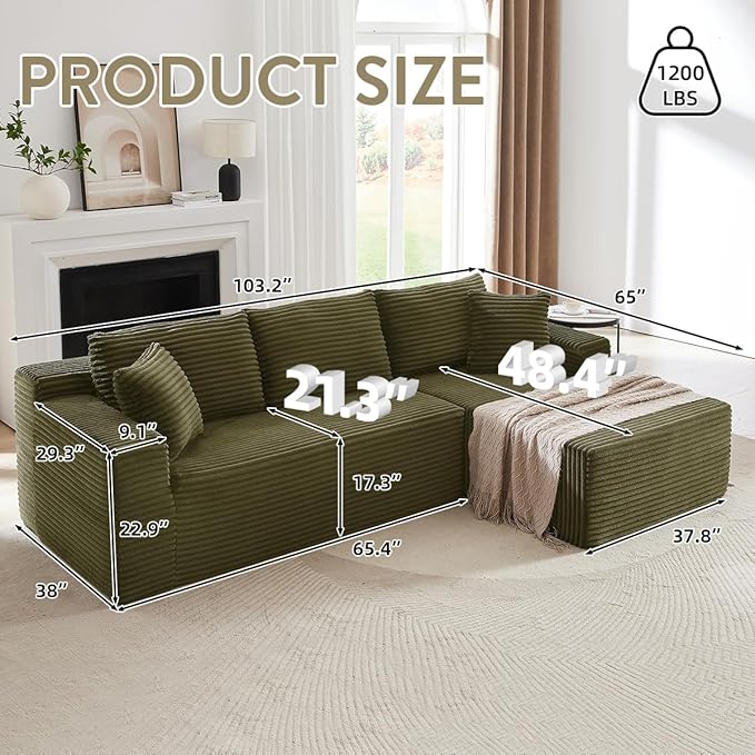 104 Inch Cloud Sectional Couch with L-Shape Chaise,Modern Boneless Couches with Deep Seat,Corduroy Sponge Compressed Sofa for Living Room, Bedroom,No Assembly Required (Green, Right Facing Chaise)