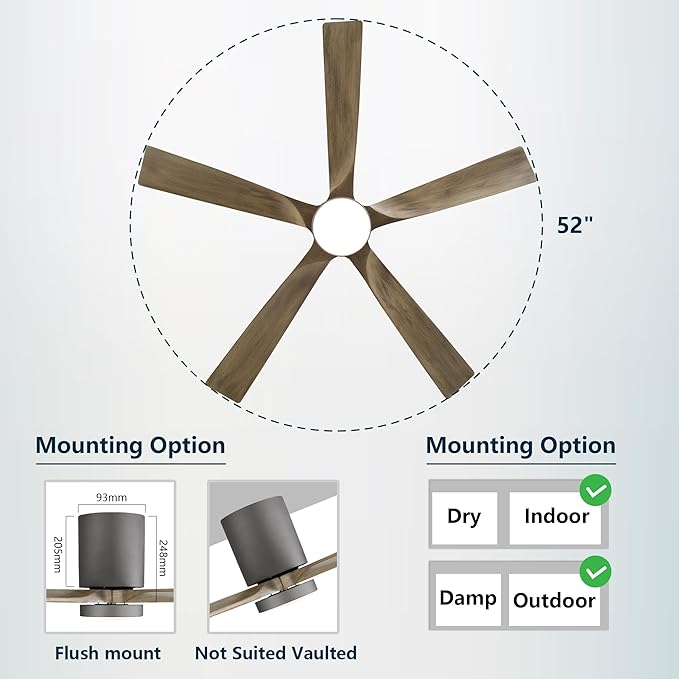 ELEHINSER 52 inch Low Profile Ceiling Fan with Light, 5 Solid Wood Blades, 6-Speeds, Quiet DC Motor, Timer, Flush Mount Modern Ceiling Fan with Remote for Living Room Bedroom, Charcoal Grey