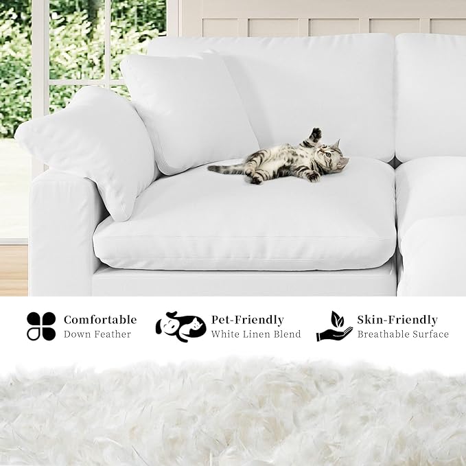 Modular Sectional Sofa Cloud Couch,Down Filled Comfy Cloud Modern Sofa,White Linen L Shape Oversized Couch Cushion Covers Removable Furniture for Living Room