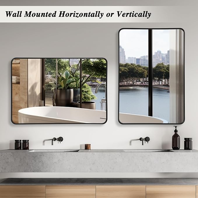 Wall Mirror 24" x 36" Black Metal Deep Frame for Bathroom, Living Room, Bedroom, Entryway - Decorative Rectangular Round Corner Mounted Vanity Mirror