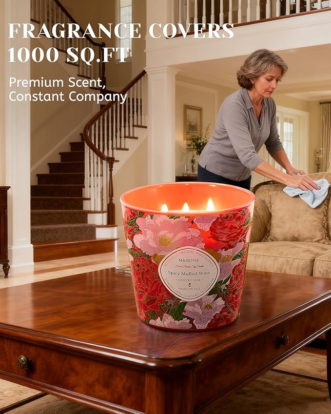 M&SENSE Spicy Mulled Wine Scented Candle, 28.2oz 3 Wick Natural Soy Wax Large Candles, Long Lasting Clean Slow Burning No Toxic Décor for Home Relaxation, Romantic Dates & Gift-Giving