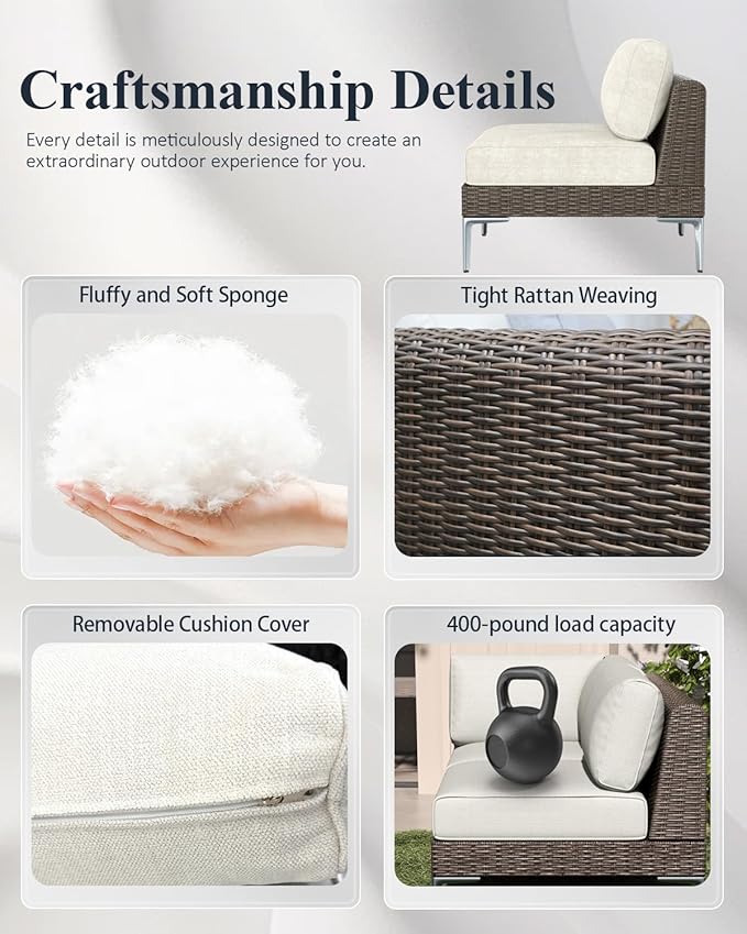 LayinSun 6-Piece Outdoor Modular Wicker Sectional Sofa with Fire Pit Table, Patio Furniture Conversation Set with Deep Seating and Thick Cushions