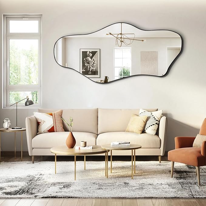 Irregular Mirror Full Length, 63"x29" Large Asymmetrical Wall Mirror for Dressing, Modern Black Metal Frame Abstract Wall Mirrors for Living Room Bathroom Bedroom Hallway Entryway