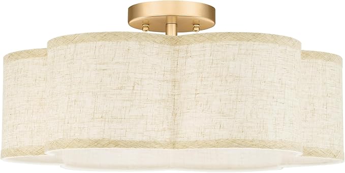 Semi Flush Mount Ceiling Lights, 6-Light 18" Gold Light Fixtures Ceiling Mount with Fabric Shade in Flower Shape, Drum Lighting Fixture for Nursery Bedroom Kitchen, AD-22007-6SF-GD-B